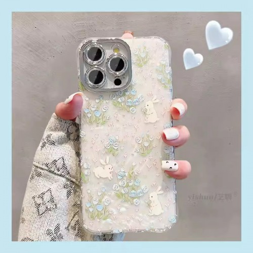 Charming Bunny Floral Silicone Phone Case With Built-in Camera Lens Protection For iPhone Full Coverage Drop Protection